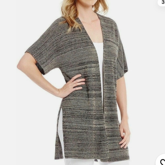 Eileen Fisher Tencel Kimono Cardiagan Size S/M Tan&black Short Sleeve Knit - Picture 2 of 9
